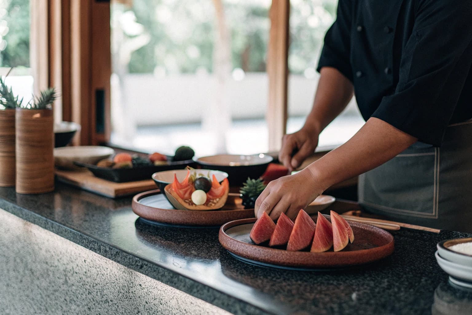 Chef plating tropical fruit cuisine