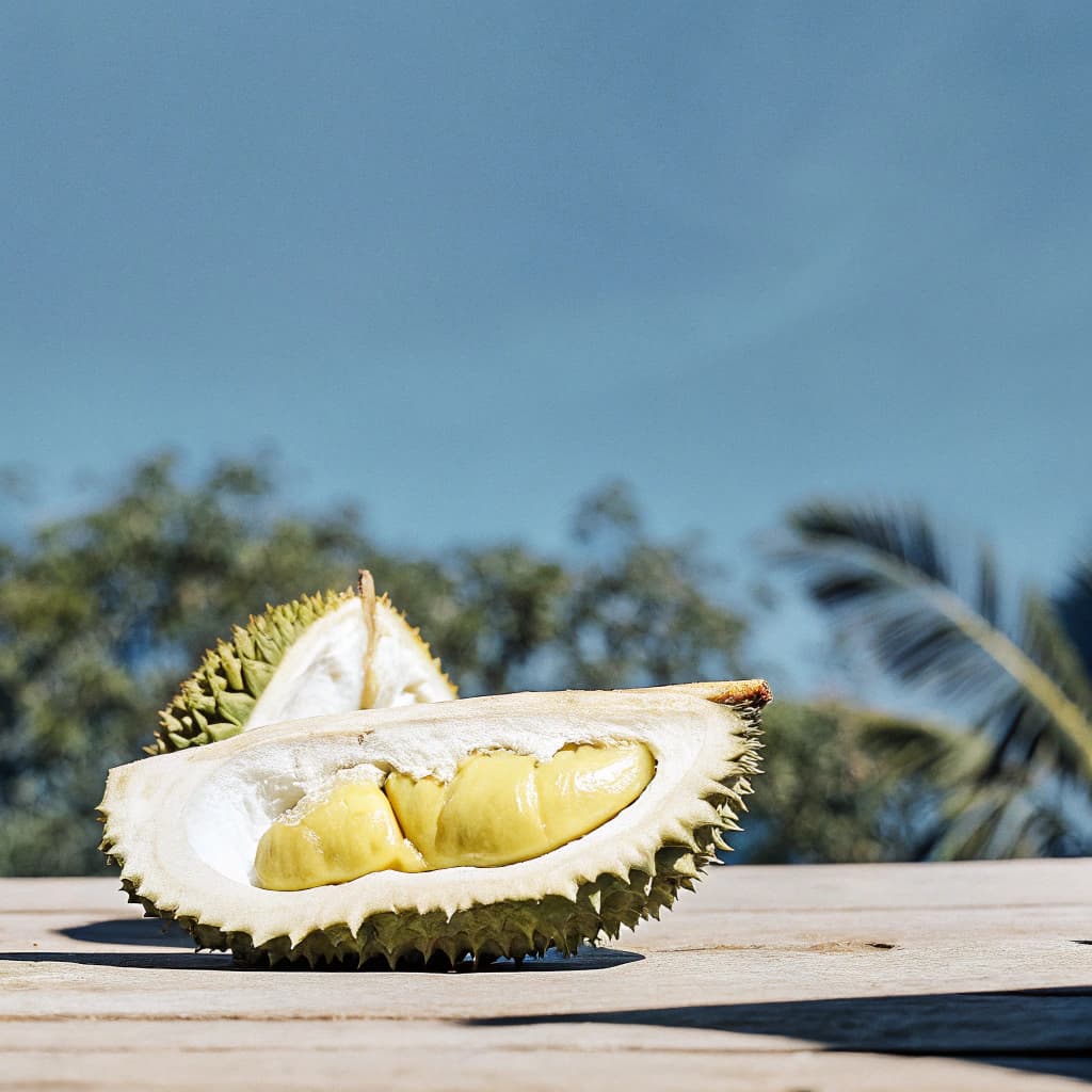 Fresh durian fruit opened on a rustic table, revealing golden flesh
