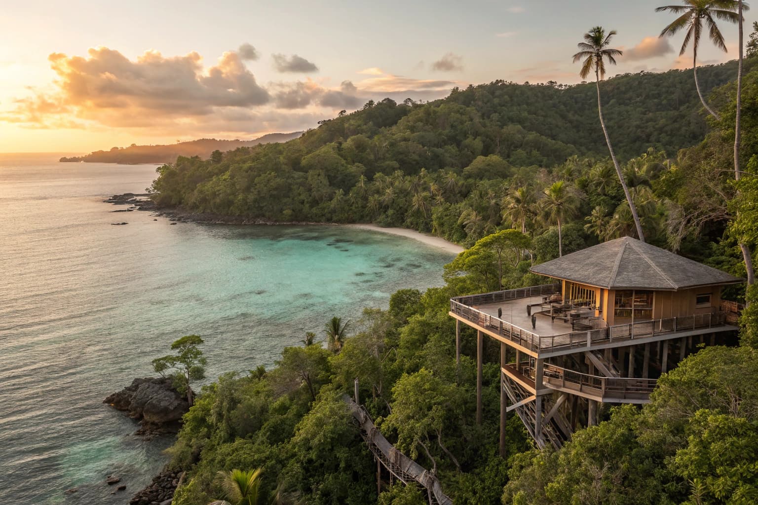 Elevated eco villa overlooking the coral lagoon at sunrise