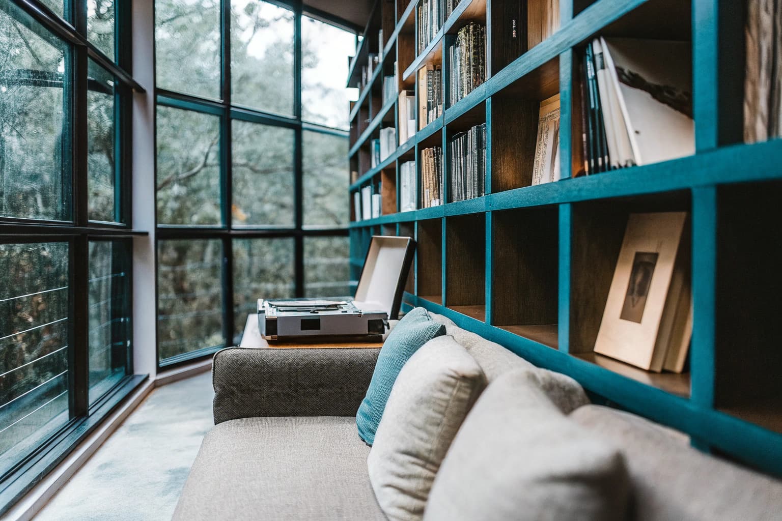 Lounge with vinyl turntable and rainforest view