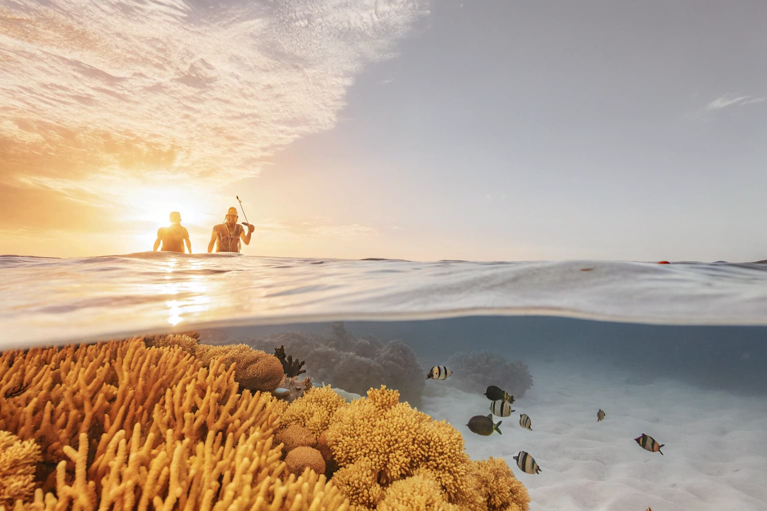 Divers tending coral gardens at sunrise in Tun Mustapha Park